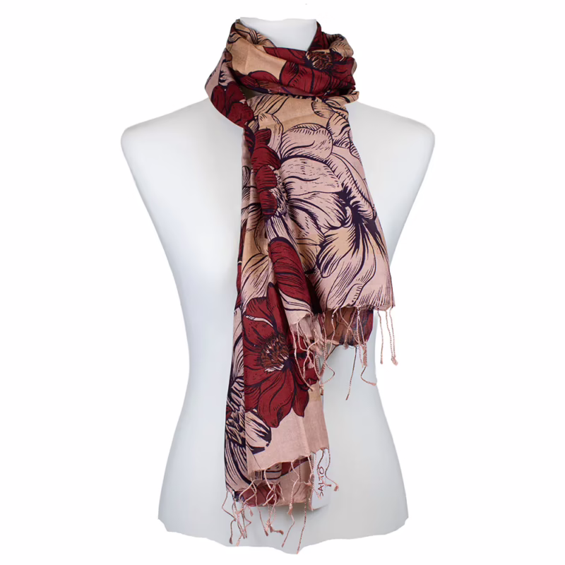 Schal Saki von Salto Rot mit Creme, große Mohnblumen 100 % Seide.