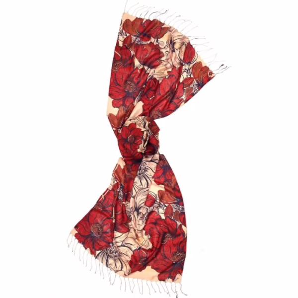 Schal Saki von Salto Rot mit Creme, große Mohnblumen 100 % Seide.