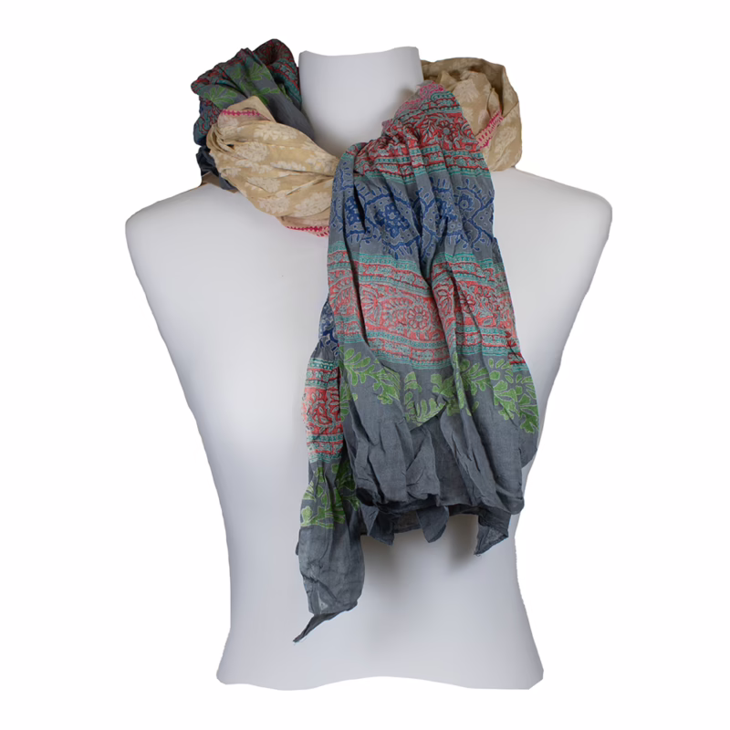 Sarah und Sally | Schal 100 % Baumwolle beige mit grau-bunter Borte