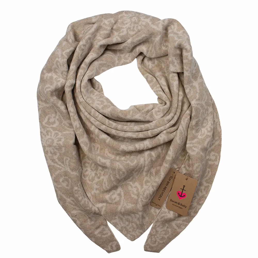 Sarah und Sally | Dreiecksschal Wolle mit Beimischung Jacquard Blumen, Beige - Ecru