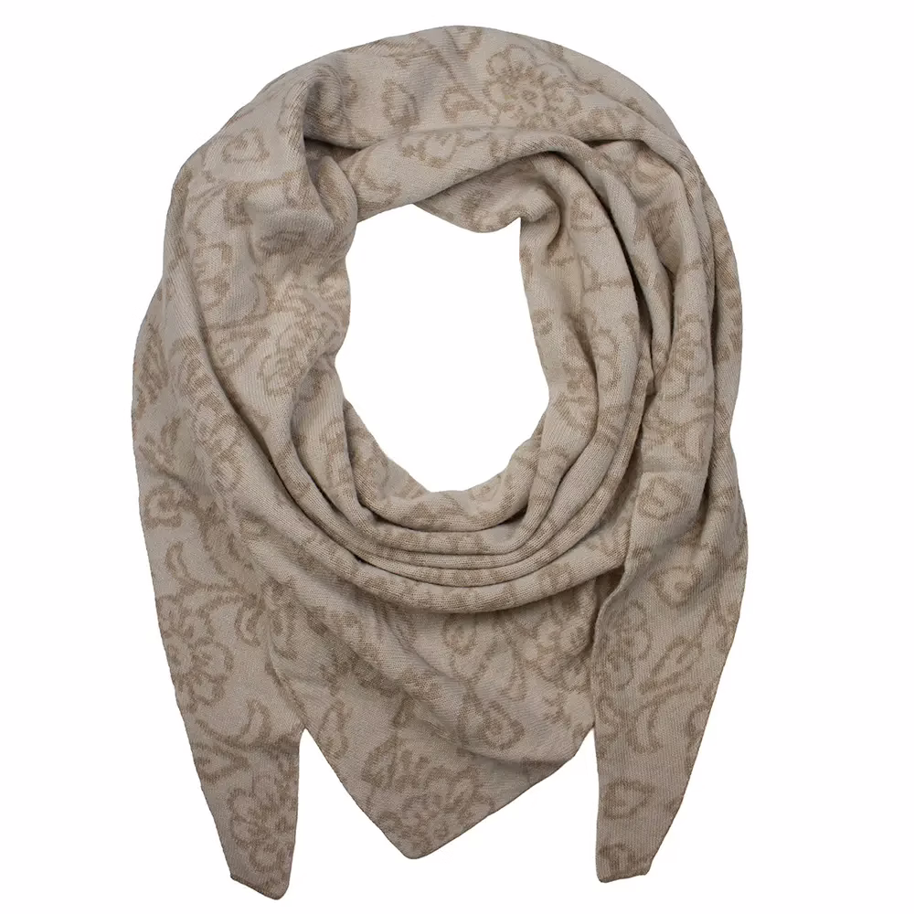Sarah und Sally | Dreiecksschal Wolle mit Beimischung Jacquard Blumen, Beige - Ecru – Bild 2