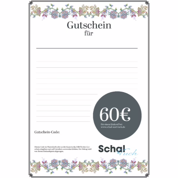 Bildet einen Gutschein über 60€ mit Borte im Paisley Muster am unteren Rand ab.