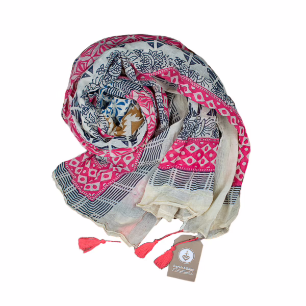 Schal aus Baumwolle von Sarah und Sally mit Quasten, Ecru mit Pink, Mustermix.