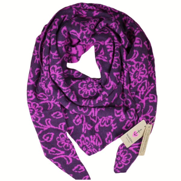 Sarah und Sally | Dreiecksschal Wolle mit Beimischung Jacquard Blumen, Pflaume - Pink