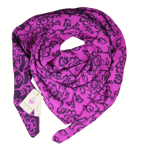 Sarah und Sally | Dreiecksschal Wolle mit Beimischung Jacquard Blumen, Pflaume - Pink – Bild 2