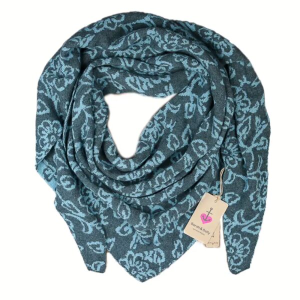 Dreiecksschal Wolle mit Beimischung Jacquard Blumen, Petrol - Türkis | Sarah und Sally