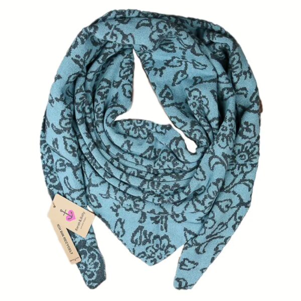 Dreiecksschal Wolle mit Beimischung Jacquard Blumen, Petrol - Türkis | Sarah und Sally – Bild 2