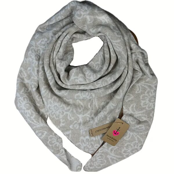 Sarah und Sally | Dreiecksschal Wolle mit Beimischung Jacquard Blumen, Beige - Ecru
