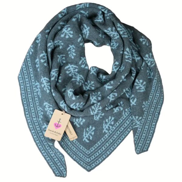 Sarah und Sally | Dreiecksschal Wolle mit Beimischung Jacquard Blätter, Petrol - Türkis – Bild 2