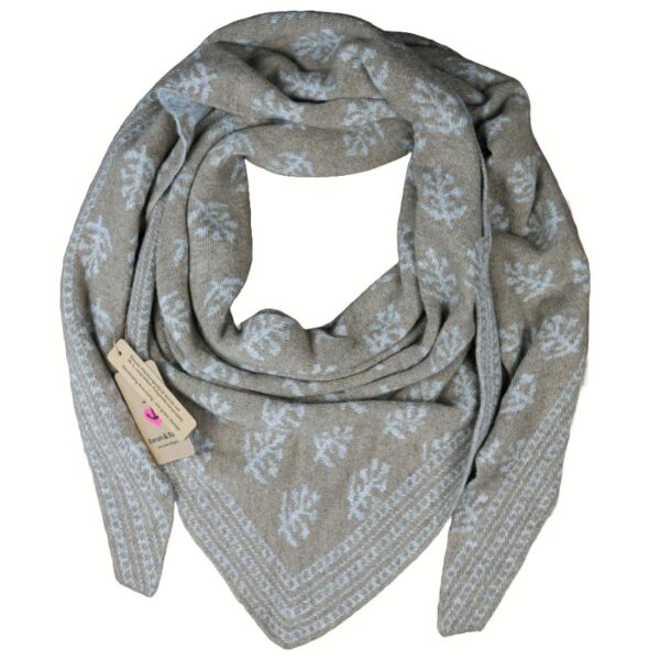 Sarah und Sally | Dreiecksschal Wolle mit Beimischung Jacquard Blätter, Hellgrau - Taupe – Bild 2