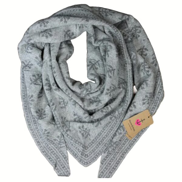 Sarah und Sally | Dreiecksschal Wolle mit Beimischung Jacquard Blätter, Hellgrau - Grau