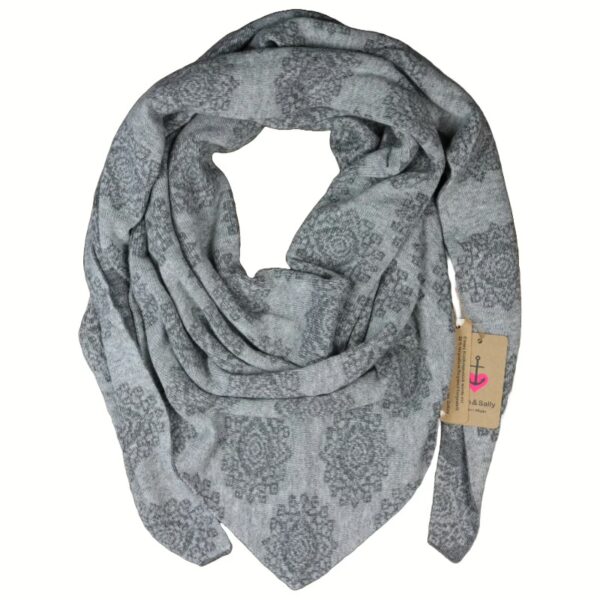 Sarah und Sally | Dreiecksschal Wolle mit Beimischung Jacquard Mandala, Hellgrau - Grau