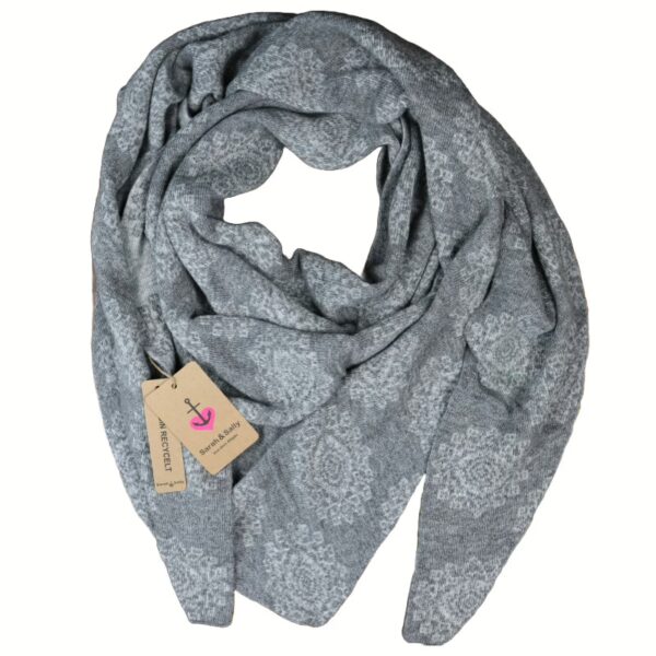 Sarah und Sally | Dreiecksschal Wolle mit Beimischung Jacquard Mandala, Hellgrau - Grau – Bild 2