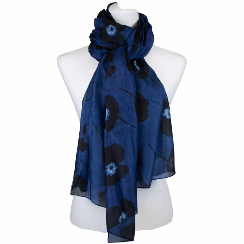 Schal 100 % Seide Mohnblumen in royal Blau | Ahmaddy