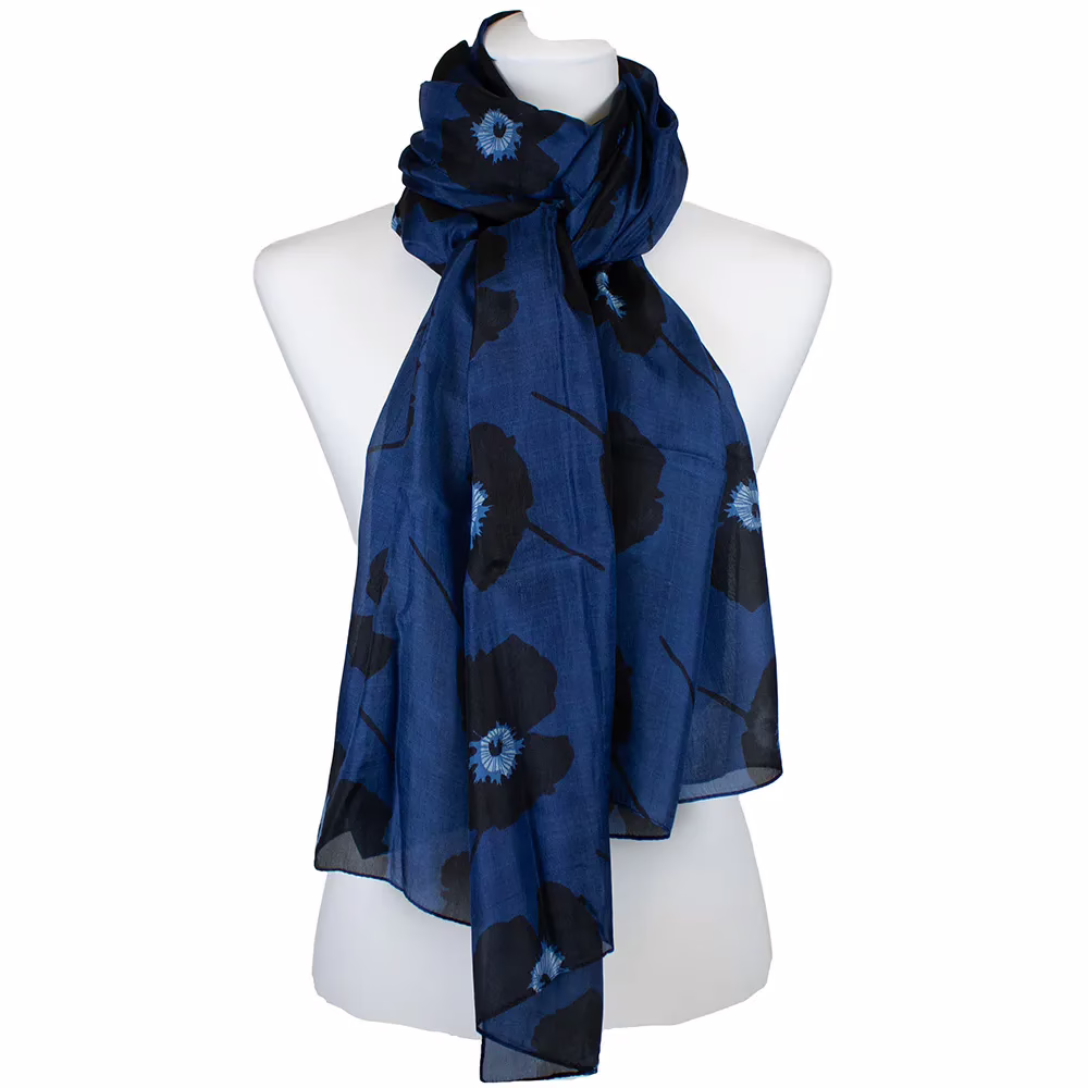 Schal 100 % Seide Mohnblumen in royal Blau | Ahmaddy