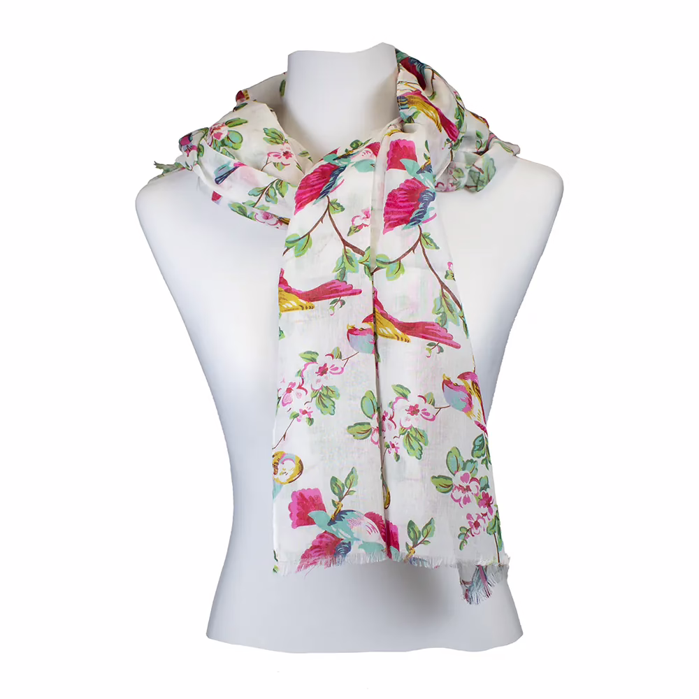 Schal 100 % Baumwolle - Weiß mit bunten Vögeln | Sarah und Sally