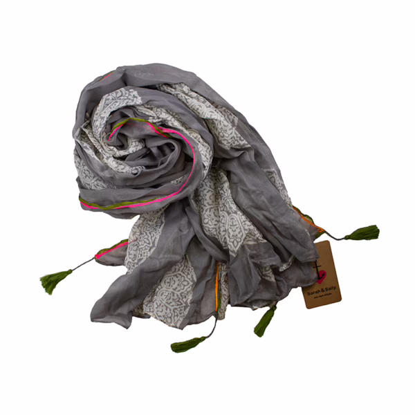 Schal 100 % Baumwolle - Grau mit Mandalas | Sarah und Sally