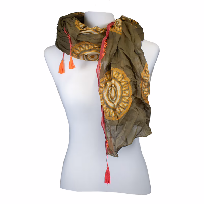 Schal 100 % Baumwolle - Ornament auf Olive mit Stickerei | Sarah und Sally