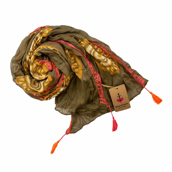 Schal 100 % Baumwolle - Ornament auf Olive mit Stickerei | Sarah und Sally