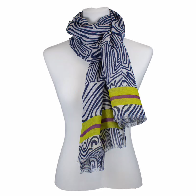 Schal Baumwolle mit Leinen - Blau-Weiß mit Neonborte | Salto