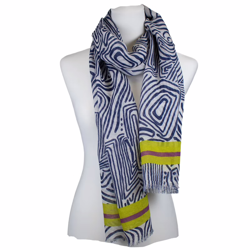 Schal Baumwolle mit Leinen - Blau-Weiß mit Neonborte | Salto