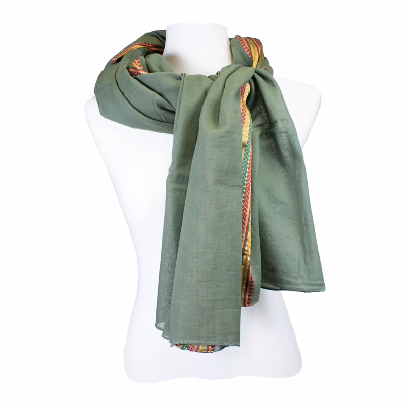 Sarah und Sally | Schal 100 % Baumwolle - Grün mit gewebter Borte