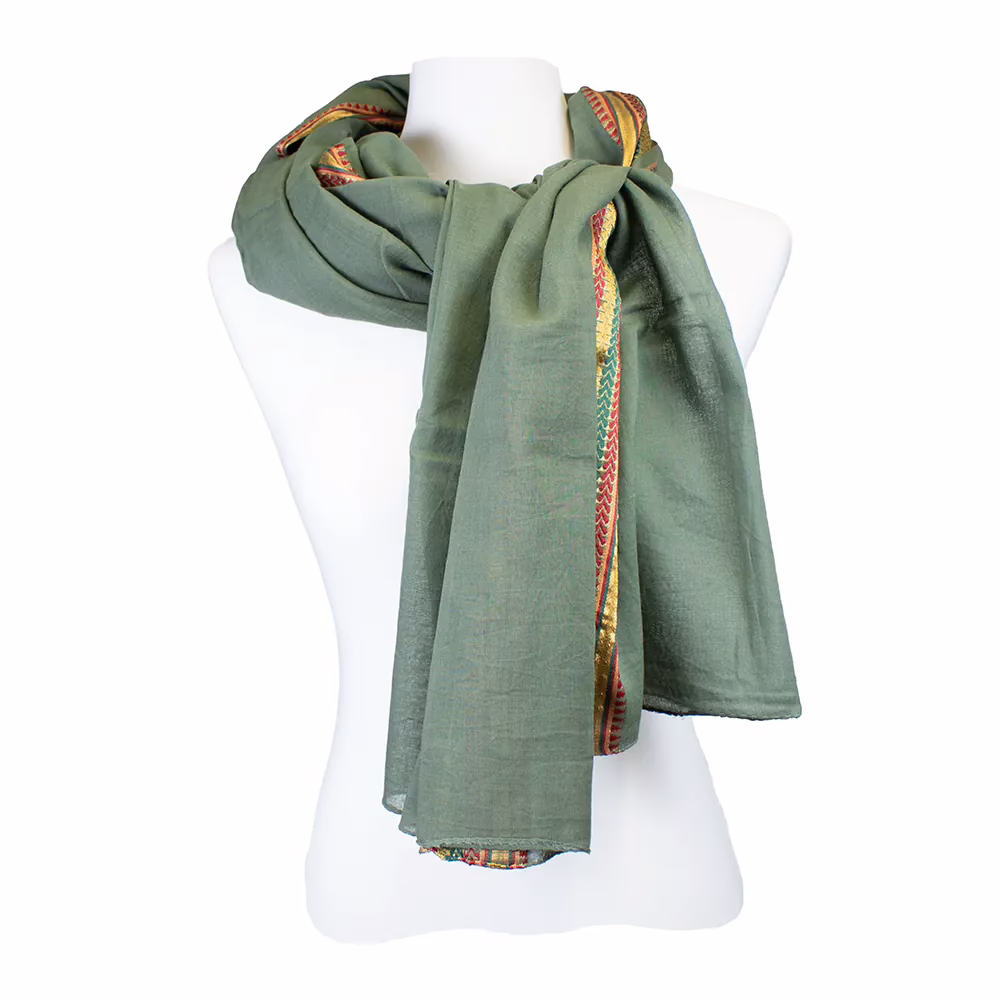 Sarah und Sally | Schal 100 % Baumwolle - Grün mit gewebter Borte