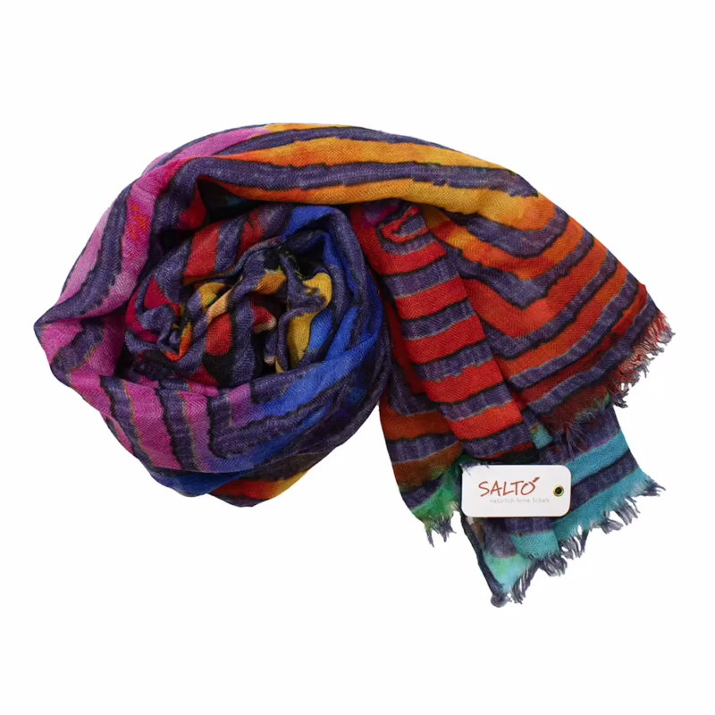 Schal aus 100 % Wolle von Salto mit farbenfrohem Linienmuster in Rot, Blau, Gelb und Violett