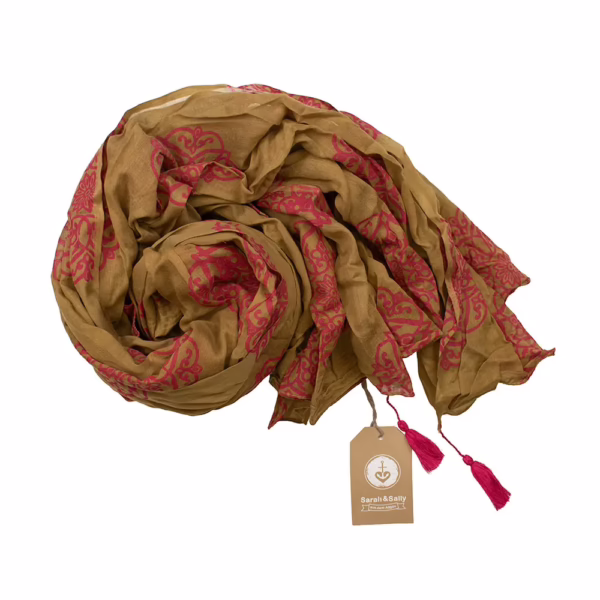 Sarah und Sally | Schal 100 % Baumwolle – Mandala-Design, Ocker mit Pink