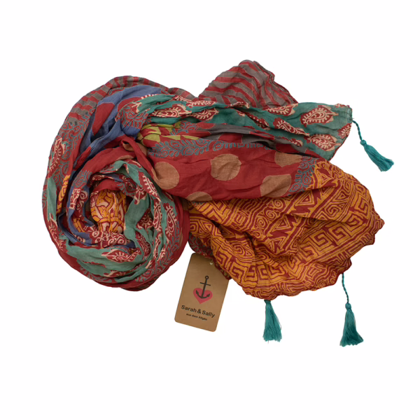 Sarah und Sally | Schal 100 % Baumwolle – Patchworkmuster mit großen Punkten, Rostrot bunt