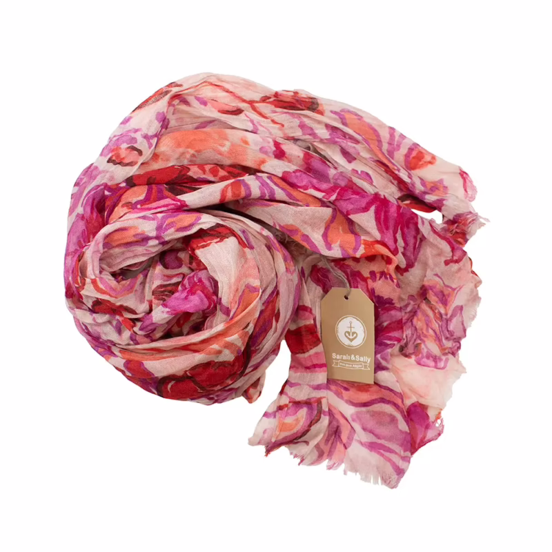 Sarah & Sally Wollschal aus 100 % Wolle mit floralem Muster in Pink und Rot