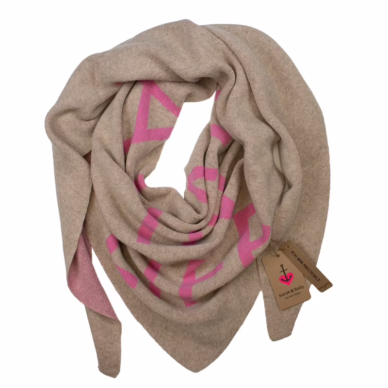 Dreiecksschal Sarah & Sally in Taupe mit pinkem Schriftzug Balance in Life, weicher Wollmix mit Kaschmir.