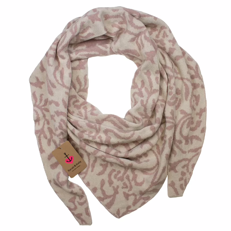 Dreiecksschal aus Wolle von Sarah & Sally in Rosé mit Jacquard-Muster, beidseitig tragbar