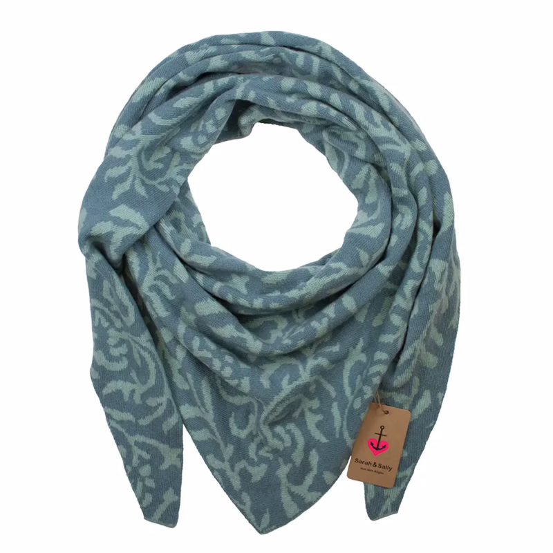 Dreiecksschal aus Wolle von Sarah & Sally in Türkis mit Jacquard-Muster, beidseitig tragbar