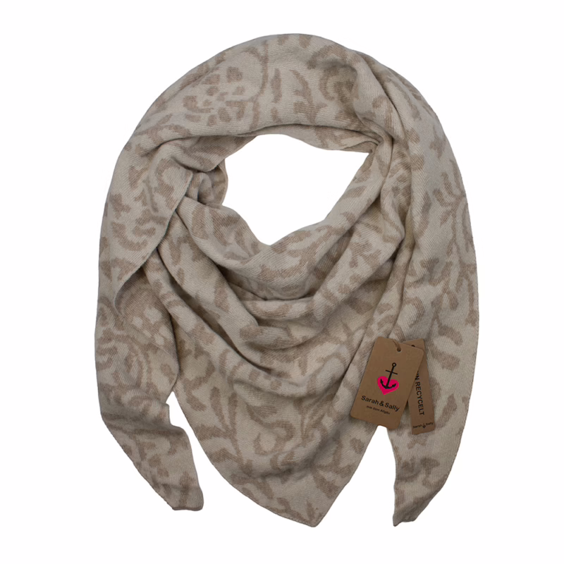Dreiecksschal aus Wolle von Sarah & Sally in Beige mit Jacquard-Muster, beidseitig tragbar