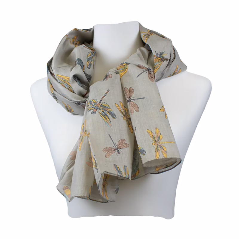 The Moshi | Schal 100 % Baumwolle Emily Grau mit Gelben und Blauen Libellen