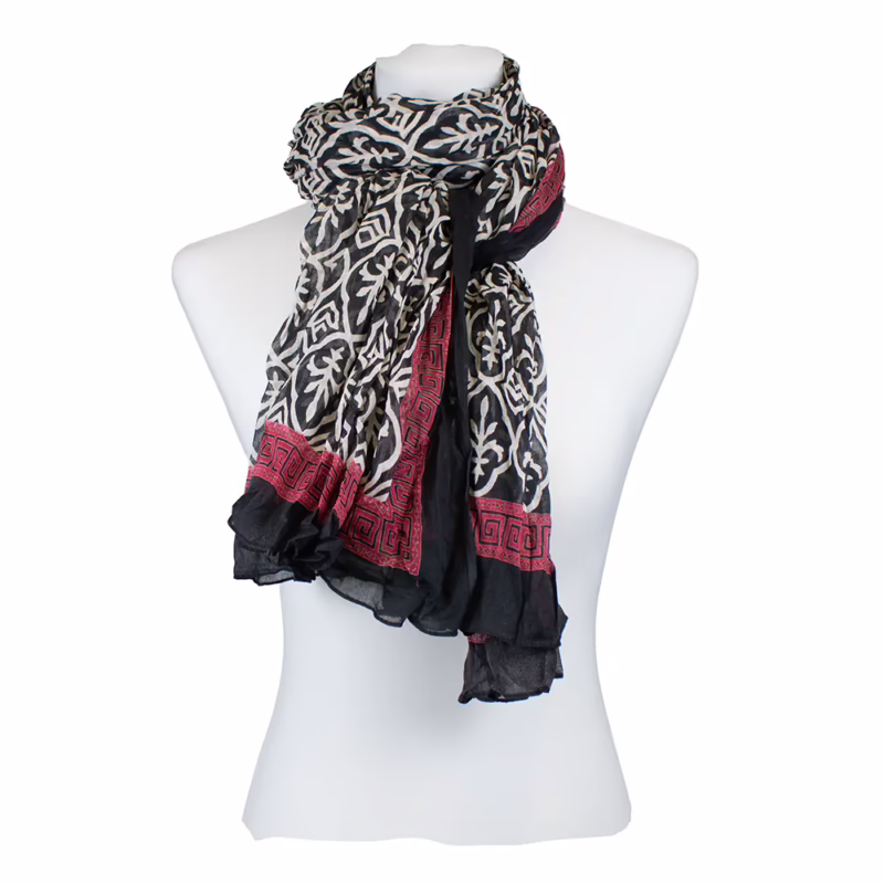 Schwarzer Schal mit cremefarbenem Ornamentmuster und roter Bordüre mit grafischem Muster,
