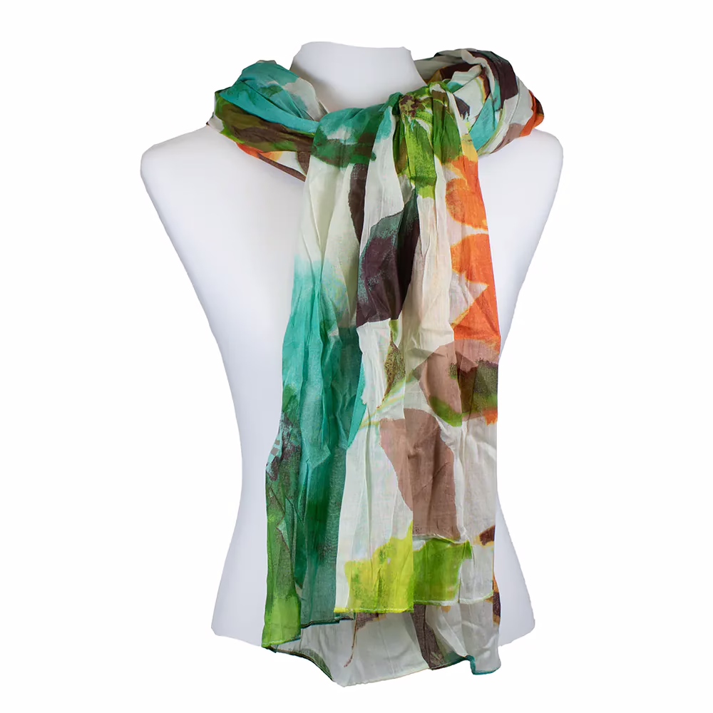 Schal mit großem floralen Blütenmotiv in mehreren Farben auf hellem Grund