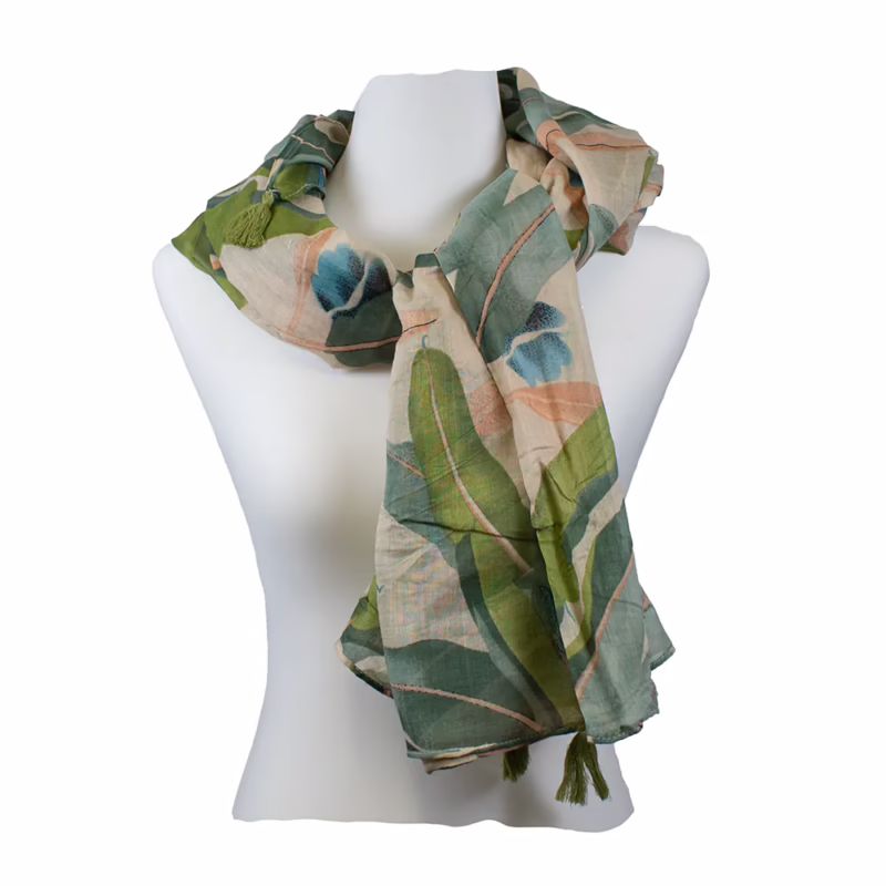 The Moshi | Schal 100 % Baumwolle Beatrice Hellgrün, Blütenmotive