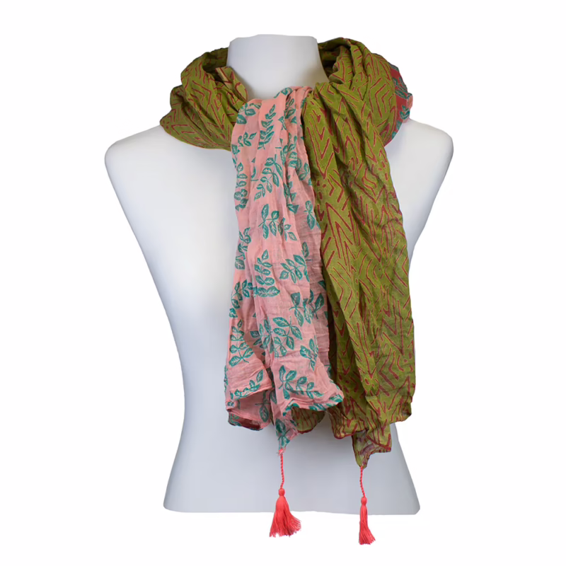 Schal 100 % Baumwolle - Grün und Rose längs gemustert | Sarah und Sally