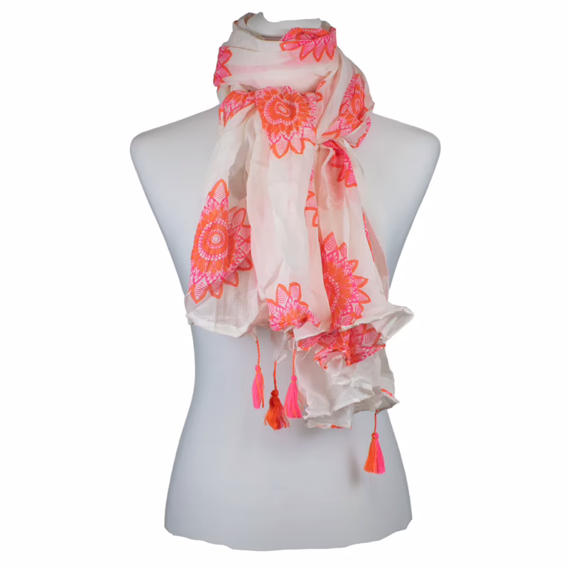 Schal Ecru mit Neon pinken Mandalas und Quasten