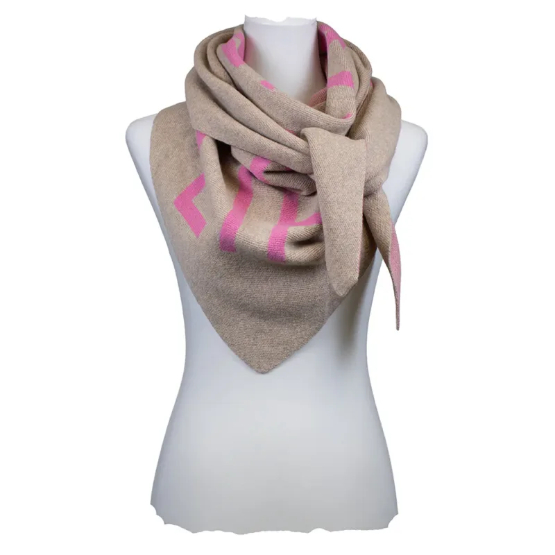 Dreiecksschal Sarah & Sally in Taupe mit pinkem Schriftzug Balance in Life, weicher Wollmix mit Kaschmir.bb
