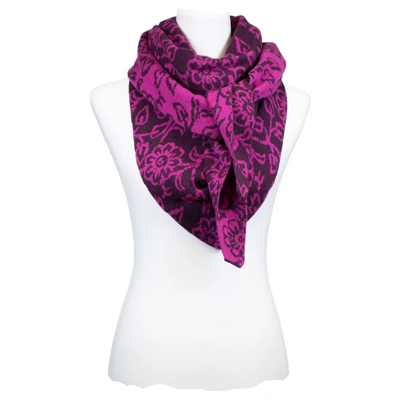 Sarah und Sally | Dreiecksschal Wolle mit Beimischung Jacquard Blumen, Pflaume - Pink
