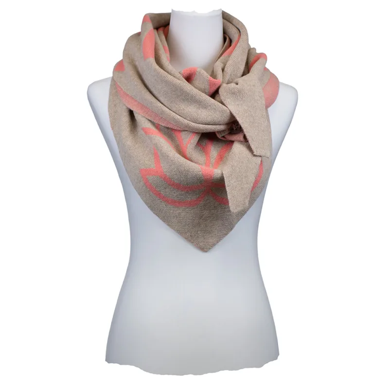 Dreiecksschal Sarah & Sally in Taupe mit Apricot Schriftzug BE Happy, weicher Wollmix mit Kaschmir.